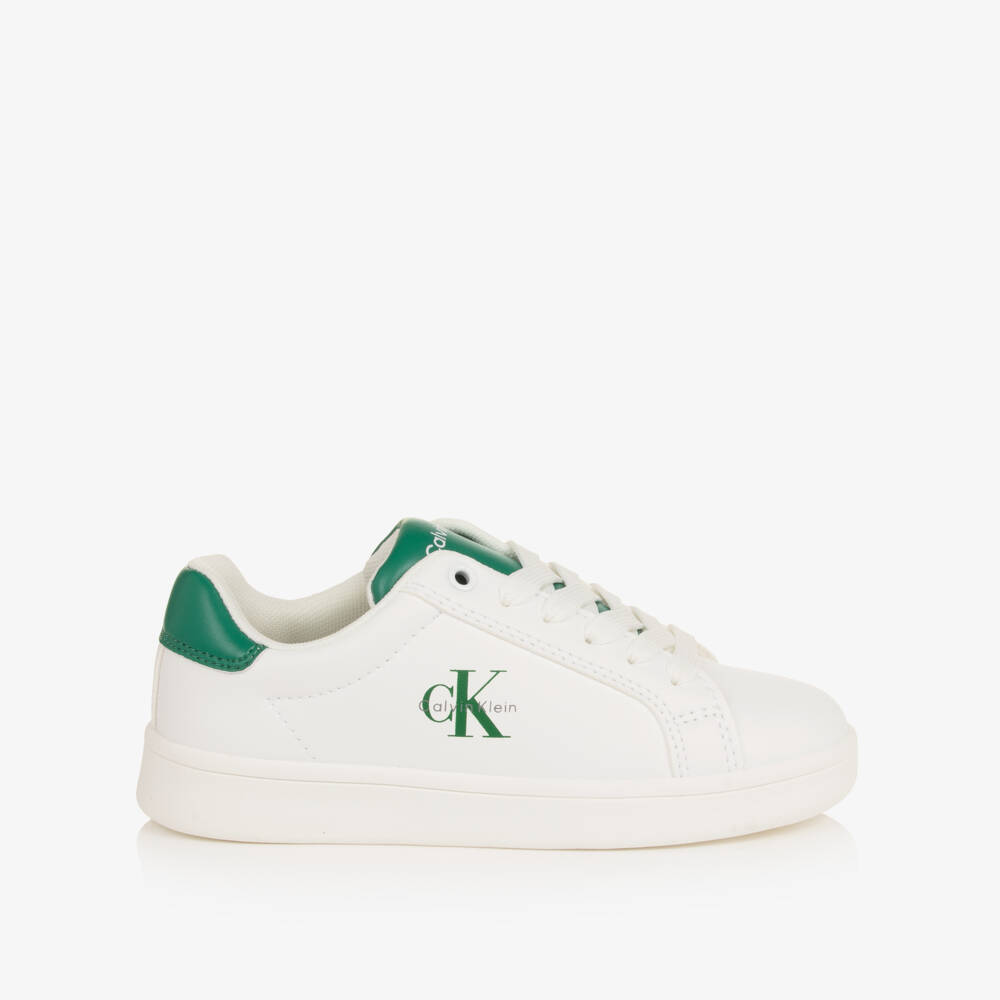 Calvin Klein-Boys White Faux Leather Trainers with Green Detailing | Childrensalon Outlet
