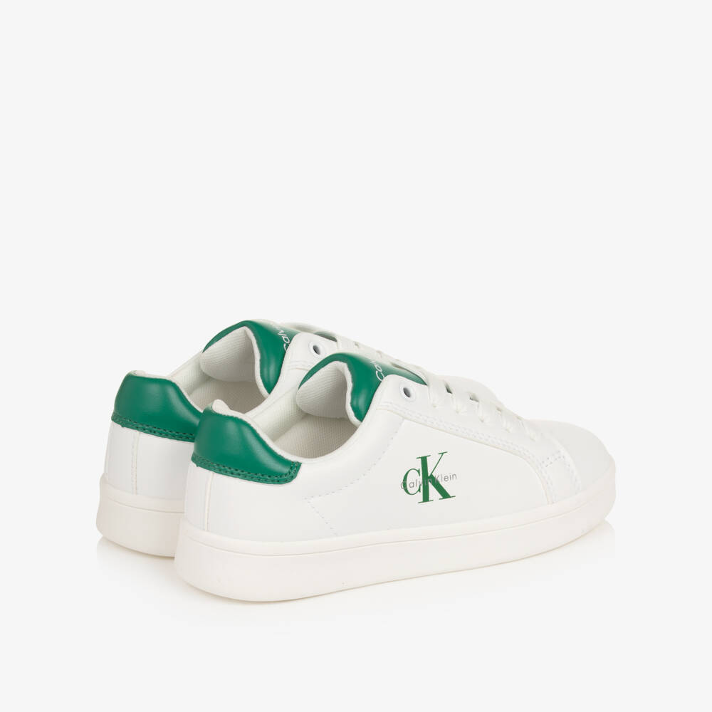 Calvin Klein-Boys White Faux Leather Trainers with Green Detailing | Childrensalon Outlet