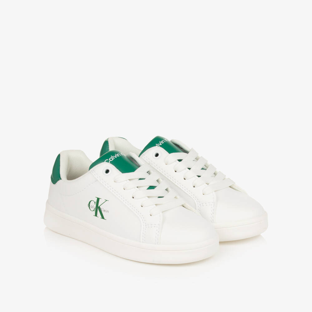 Calvin Klein-Boys White Faux Leather Trainers with Green Detailing | Childrensalon Outlet
