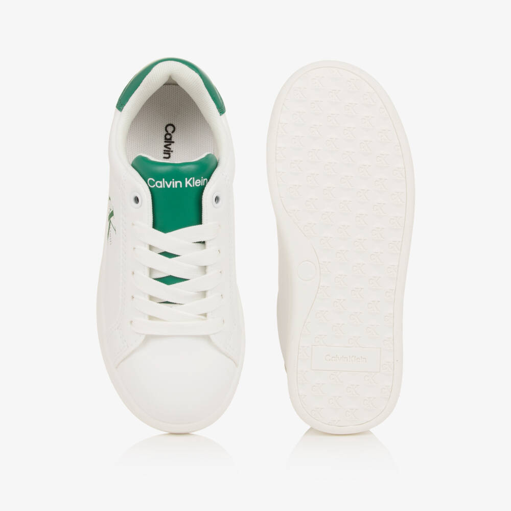 Calvin Klein-Boys White Faux Leather Trainers with Green Detailing | Childrensalon Outlet