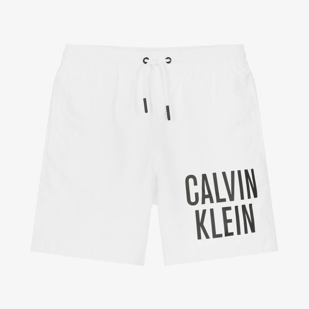 Calvin Klein - Boys White Logo Swim Shorts | Childrensalon