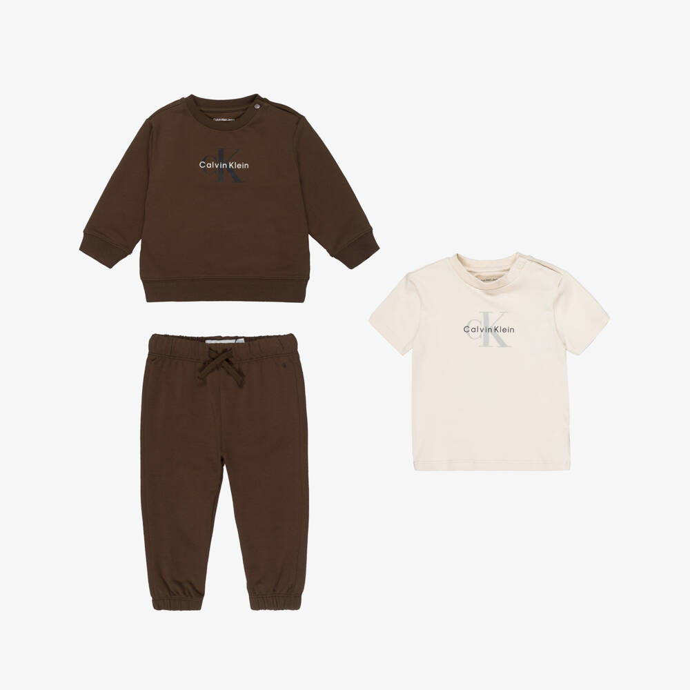Calvin Klein-Brown Cotton Tracksuit & T-Shirt Set | Childrensalon Outlet
