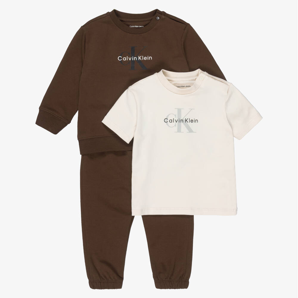 Calvin Klein-Brown Cotton Tracksuit & T-Shirt Set | Childrensalon Outlet