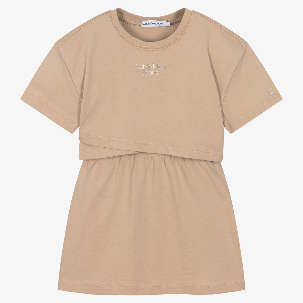 Calvin Klein Jeans - Girls Beige Cotton Logo Dress | Childrensalon