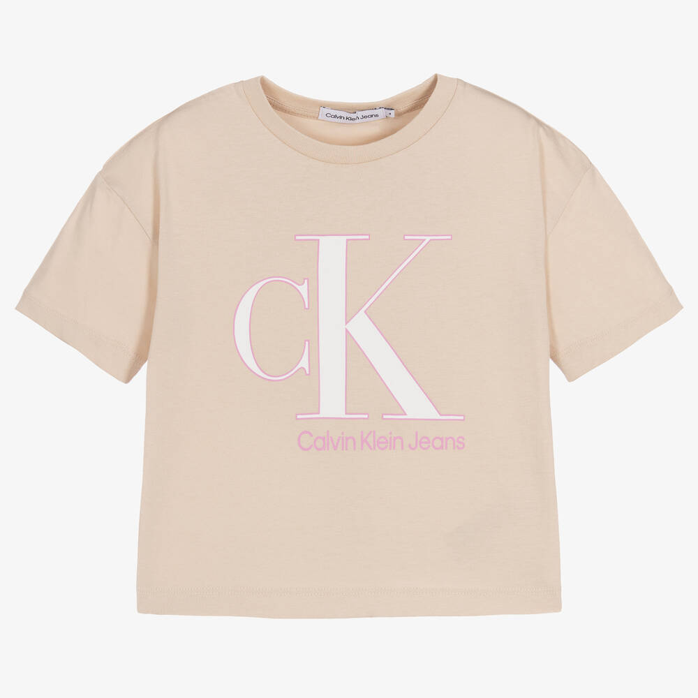 Calvin Klein Jeans - Girls Beige Cotton Logo T-Shirt | Childrensalon