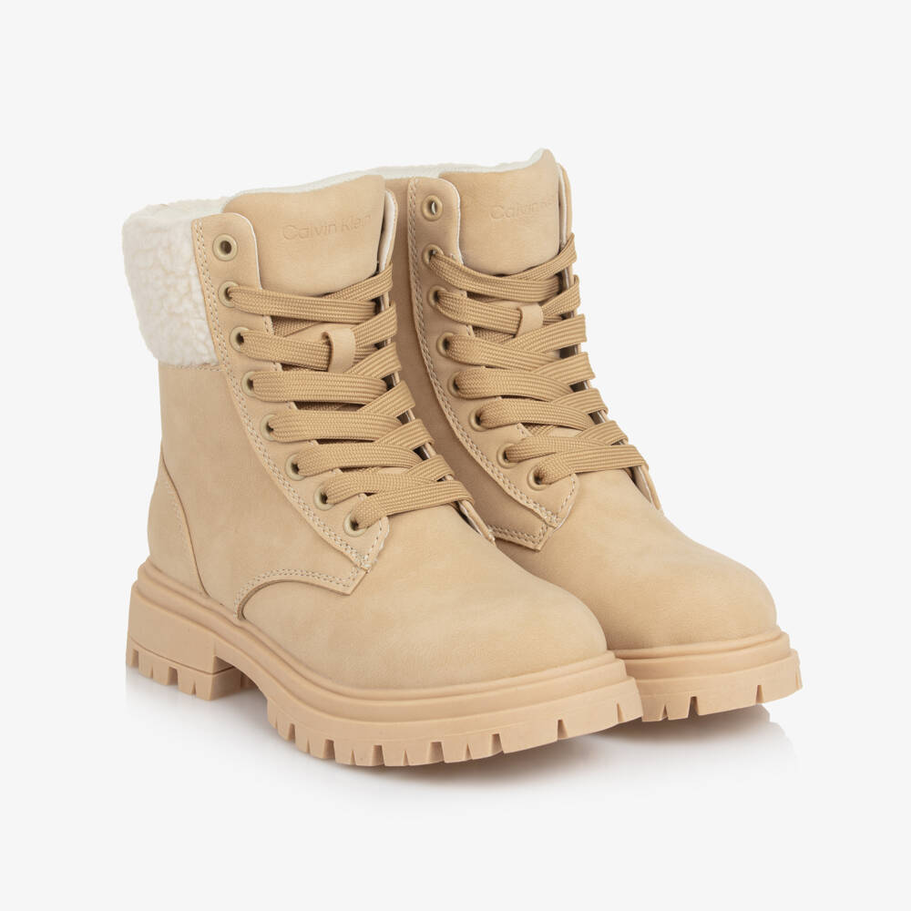Calvin Klein-Girls Beige Faux Leather Lace Up Boots with Sherpa Trim | Childrensalon Outlet
