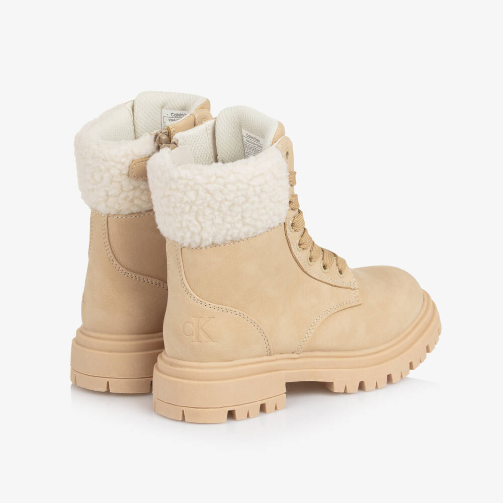 Calvin Klein-Girls Beige Faux Leather Lace Up Boots with Sherpa Trim | Childrensalon Outlet
