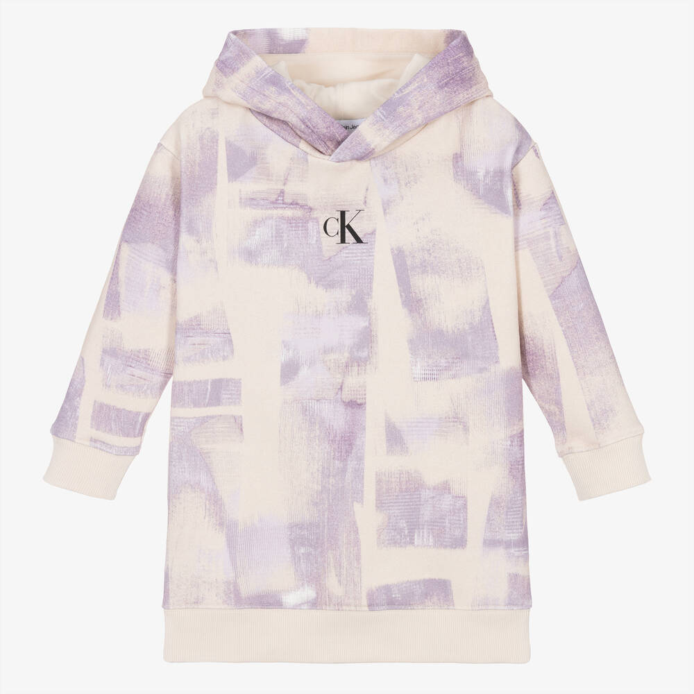 Calvin Klein - Girls Beige & Lilac Cotton Hoodie Dress | Childrensalon