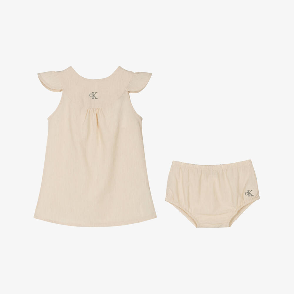 Calvin Klein-Платье из бежевого льна с логотипом для девочек | Childrensalon Outlet