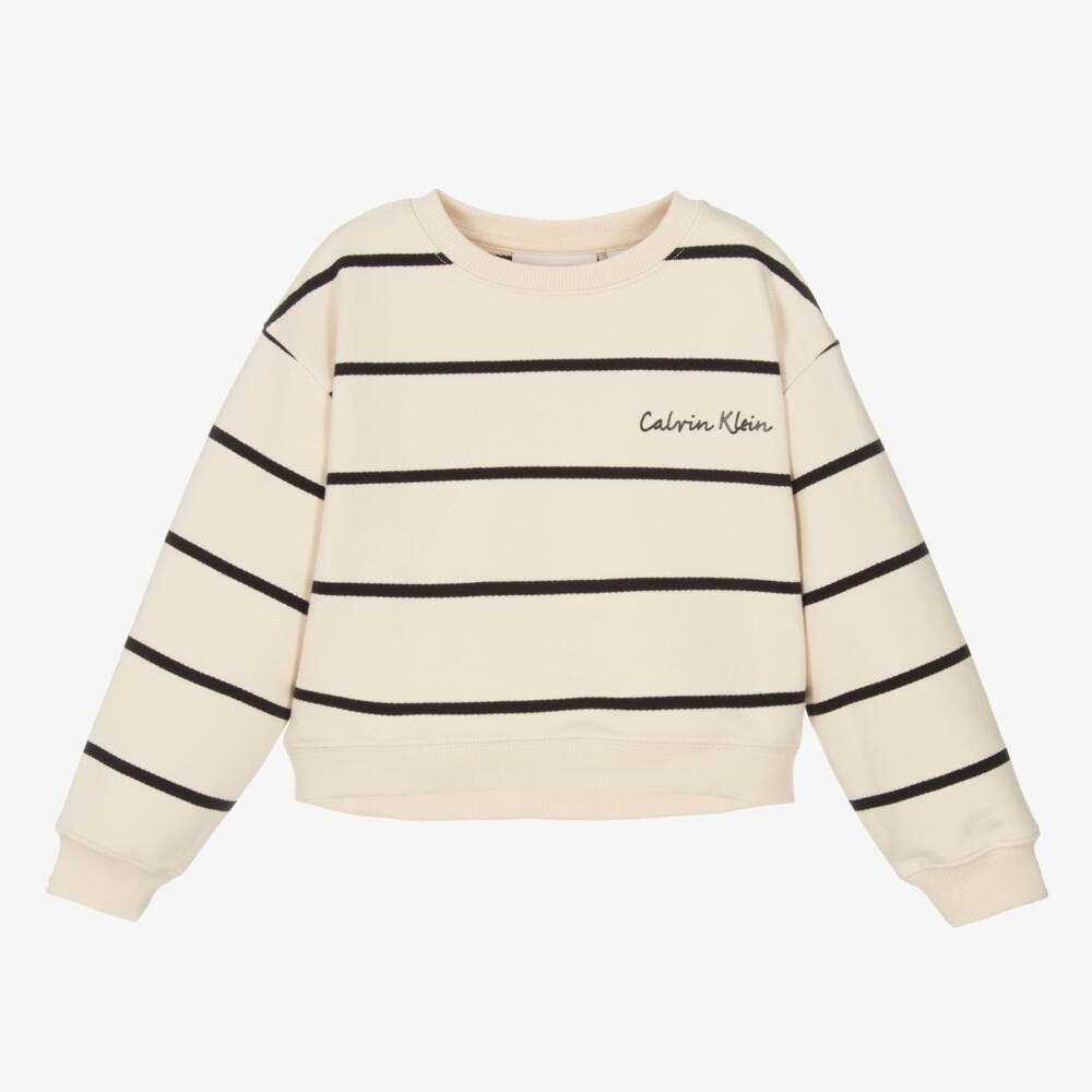 Calvin Klein-Girls Beige Striped Cotton Top | Childrensalon Outlet