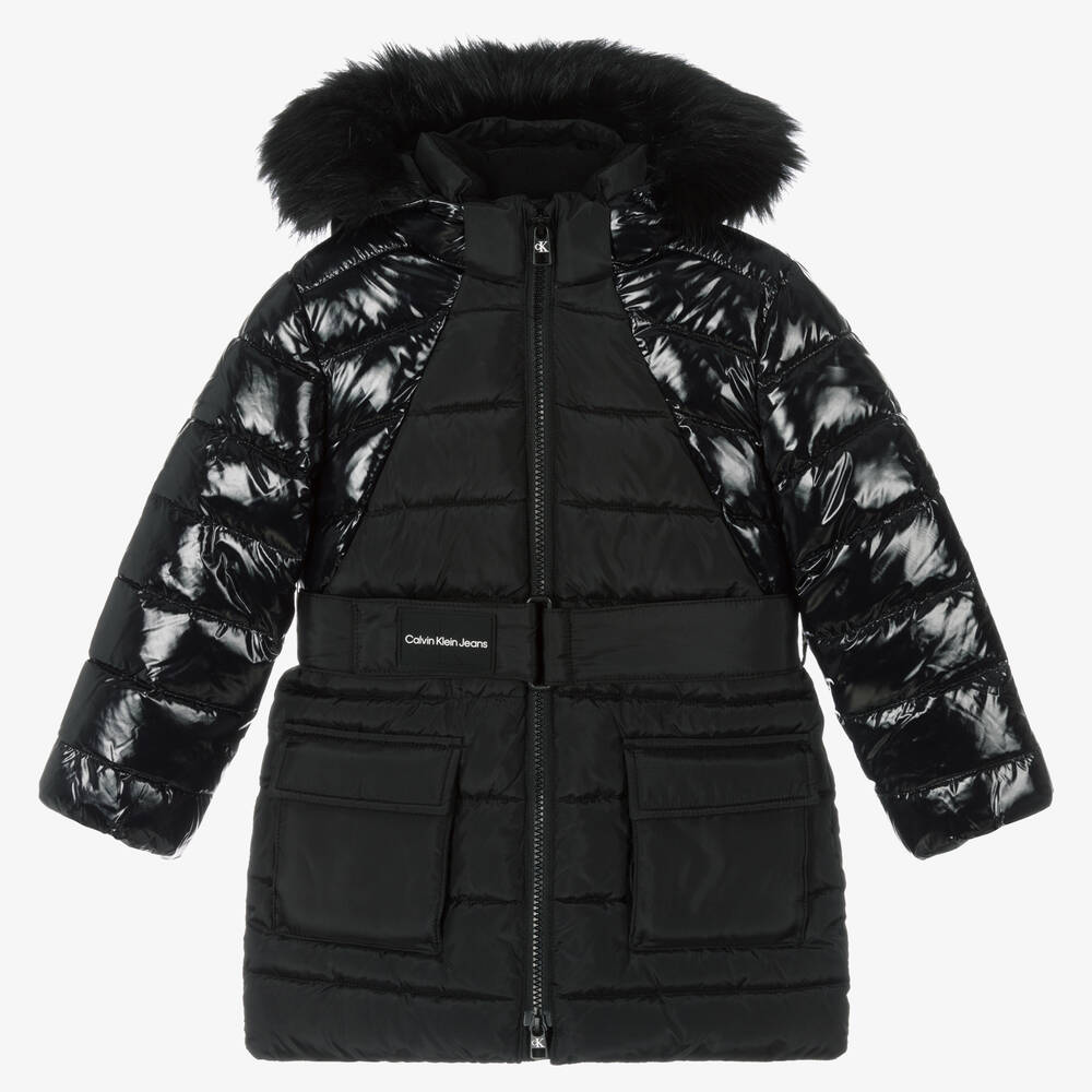 Calvin Klein Jeans - Girls Black Belted Puffer Coat | Childrensalon