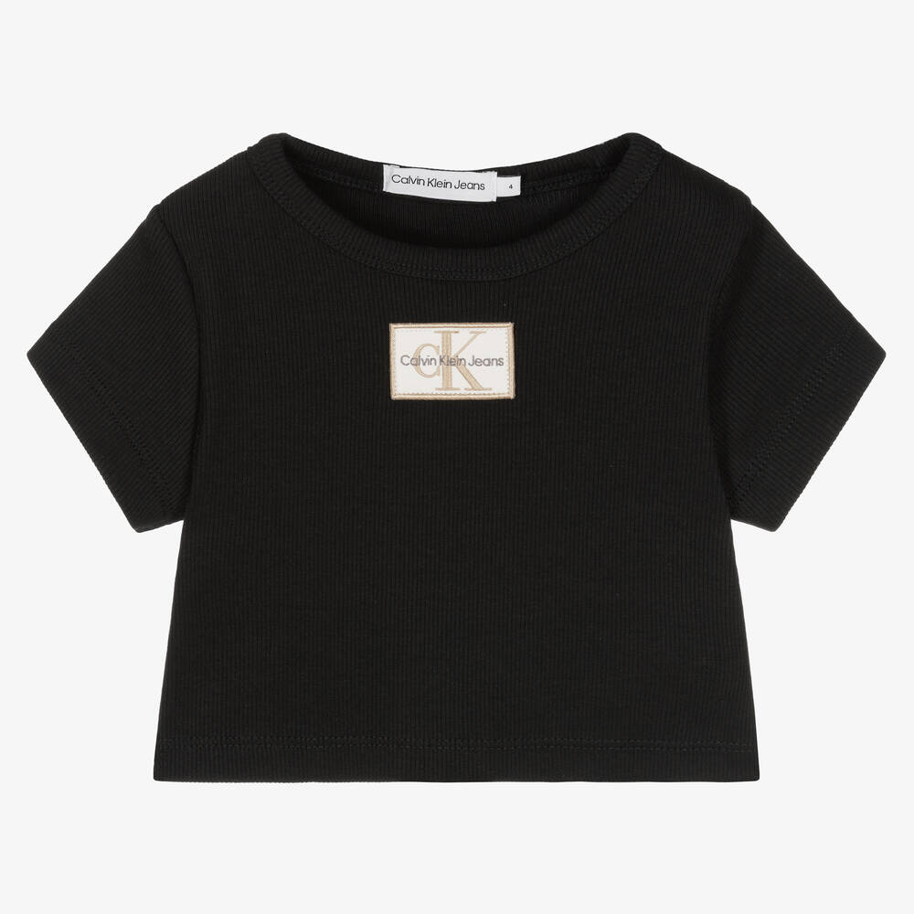 Calvin Klein Jeans - Girls Black Cotton Cropped T-Shirt | Childrensalon