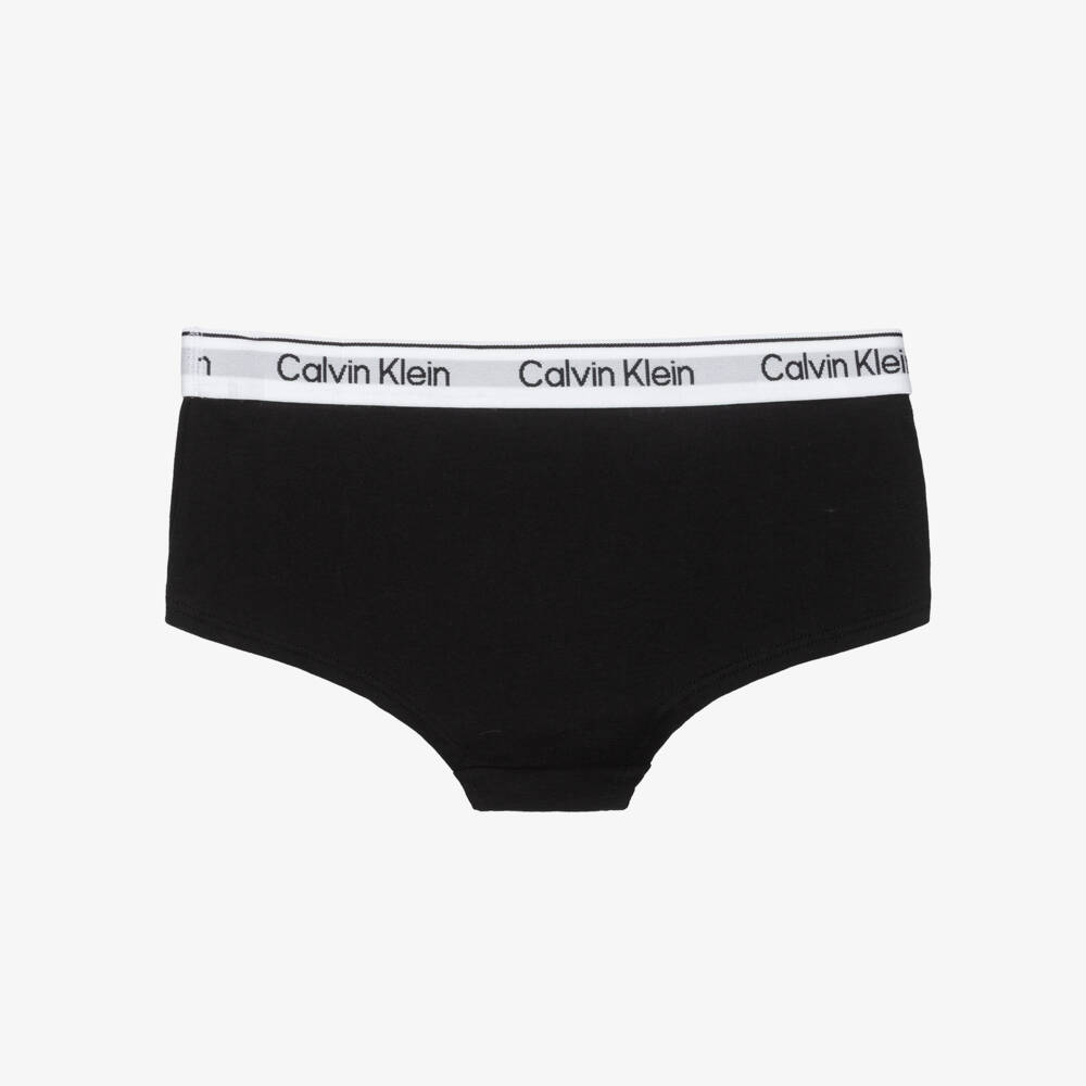 Calvin Klein-Girls Black Cotton Knickers with White Waistband (2 Pack) | Childrensalon Outlet