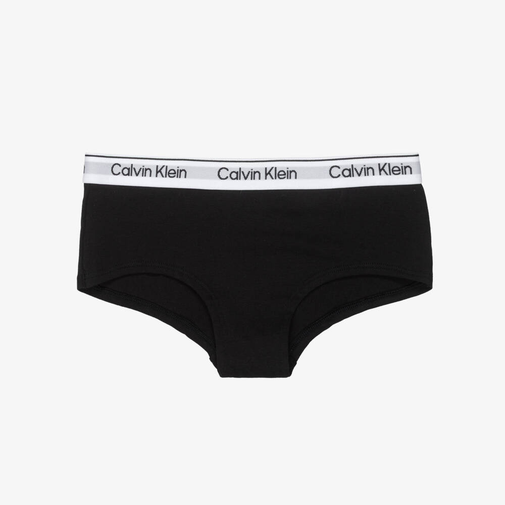 Calvin Klein-Girls Black Cotton Knickers with White Waistband (2 Pack) | Childrensalon Outlet