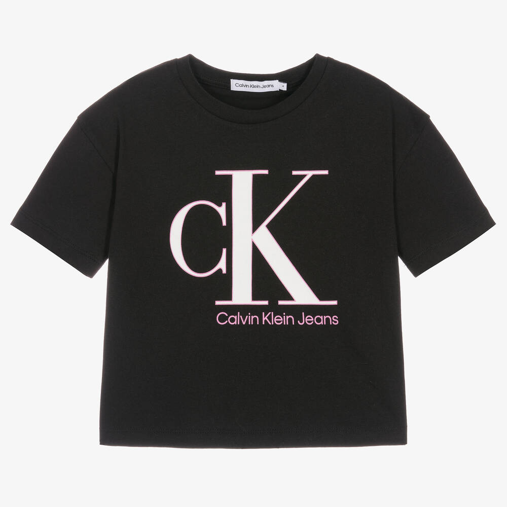 Calvin Klein Jeans - تيشيرت قطن لون أسود للبنات | Childrensalon