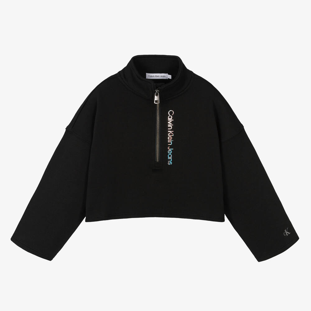 Calvin Klein Jeans - Girls Black Cotton Logo Zip-Up Top | Childrensalon