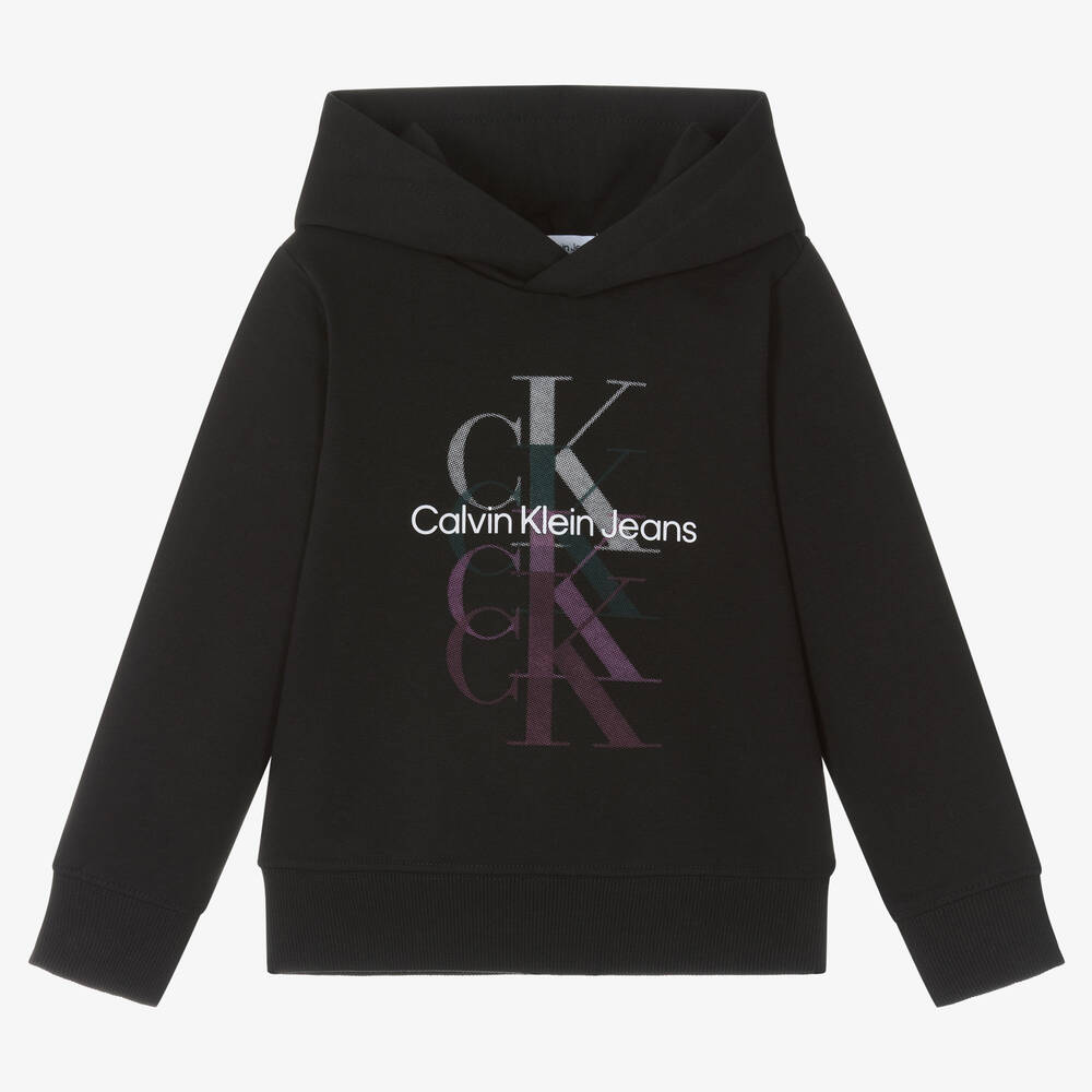 Calvin Klein - توب هودي بطبعة مونوغرام قطن لون أسود للبنات | Childrensalon
