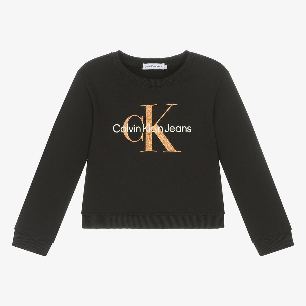 Calvin Klein - سويتشيرت بطبعة مونوغرام قطن لون أسود للبنات | Childrensalon