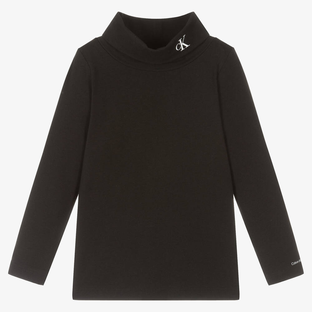 Calvin Klein - Girls Black Cotton Roll Neck Top | Childrensalon