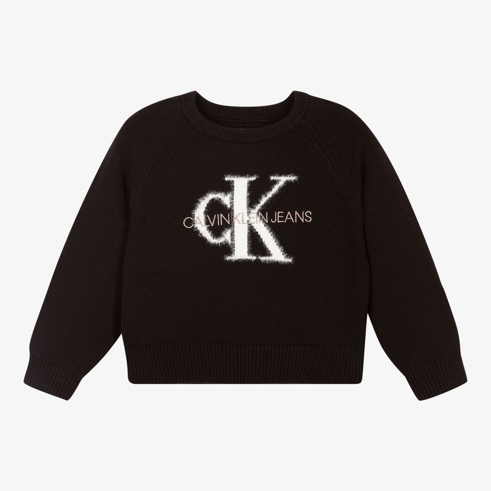 Calvin Klein Jeans - كنزة قطن عضوي محبوك لون أسود للبنات | Childrensalon