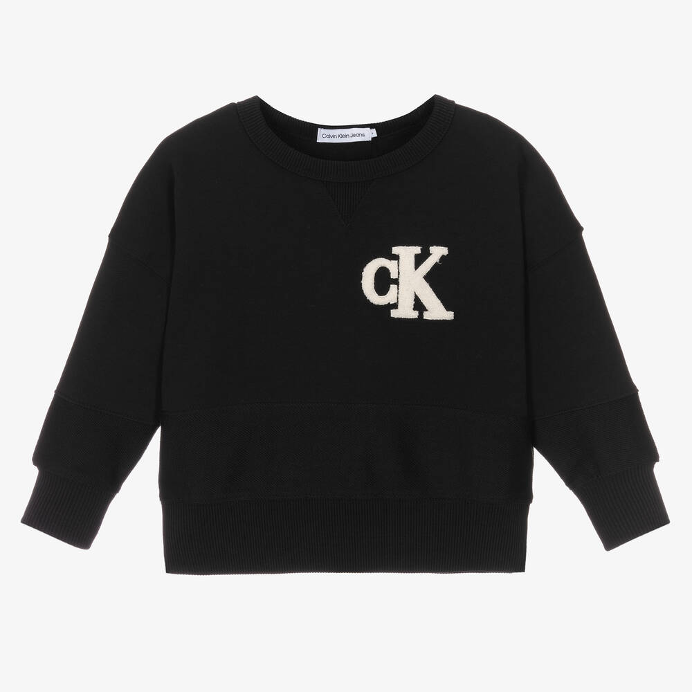 Calvin Klein - سويتشيرت قطن لون أسود للبنات | Childrensalon