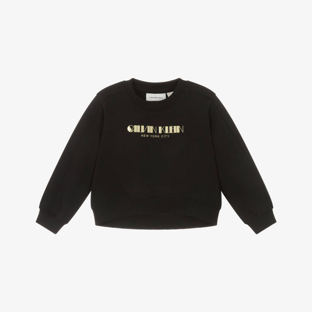 Calvin Klein-Girls Black Cotton Sweatshirt with Sparkly Gold Logo | Childrensalon Outlet