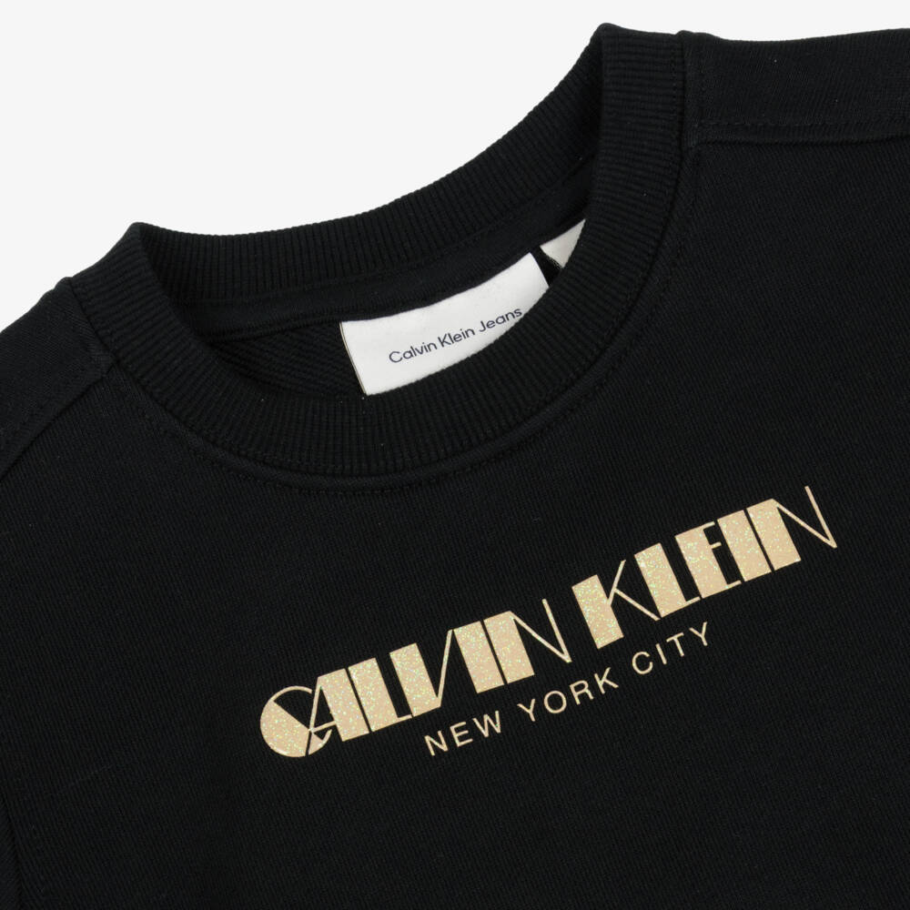 Calvin Klein-Girls Black Cotton Sweatshirt with Sparkly Gold Logo | Childrensalon Outlet