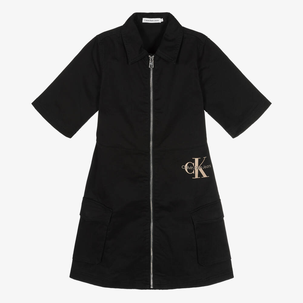 Calvin Klein Jeans - Girls Black Cotton Zip-Up Dress | Childrensalon