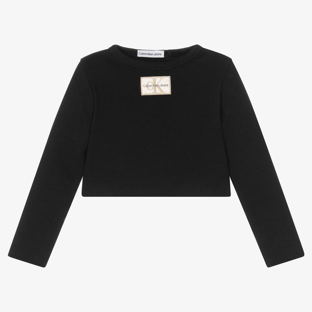 Calvin Klein Jeans - Girls Black Cropped Cotton Logo Top | Childrensalon