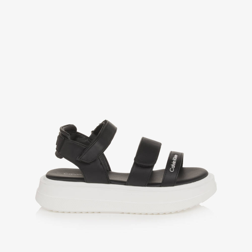 Calvin Klein-Girls Black Faux Leather Chunky Sole Sandals | Childrensalon Outlet