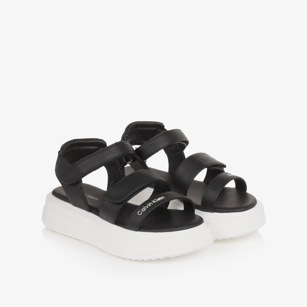Calvin Klein-Girls Black Faux Leather Chunky Sole Sandals | Childrensalon Outlet