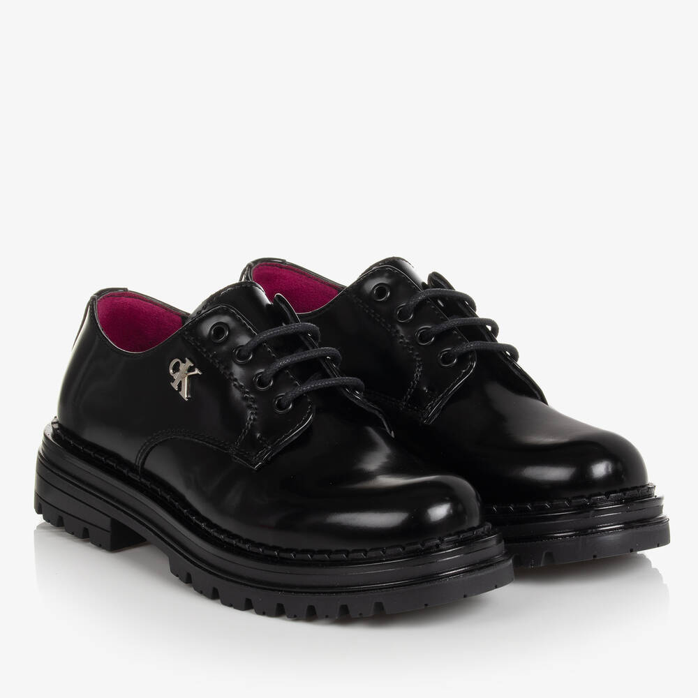 Calvin Klein - Girls Black Faux Leather Lace-Up Shoes | Childrensalon