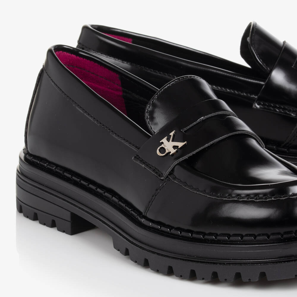 Girls black leather loafers sale
