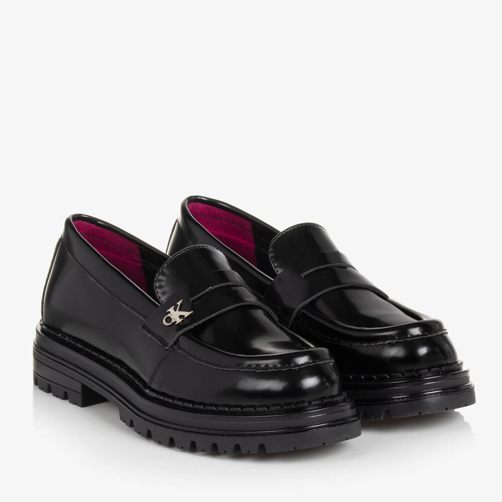 Calvin Klein - Girls Black Faux Leather Loafers | Childrensalon