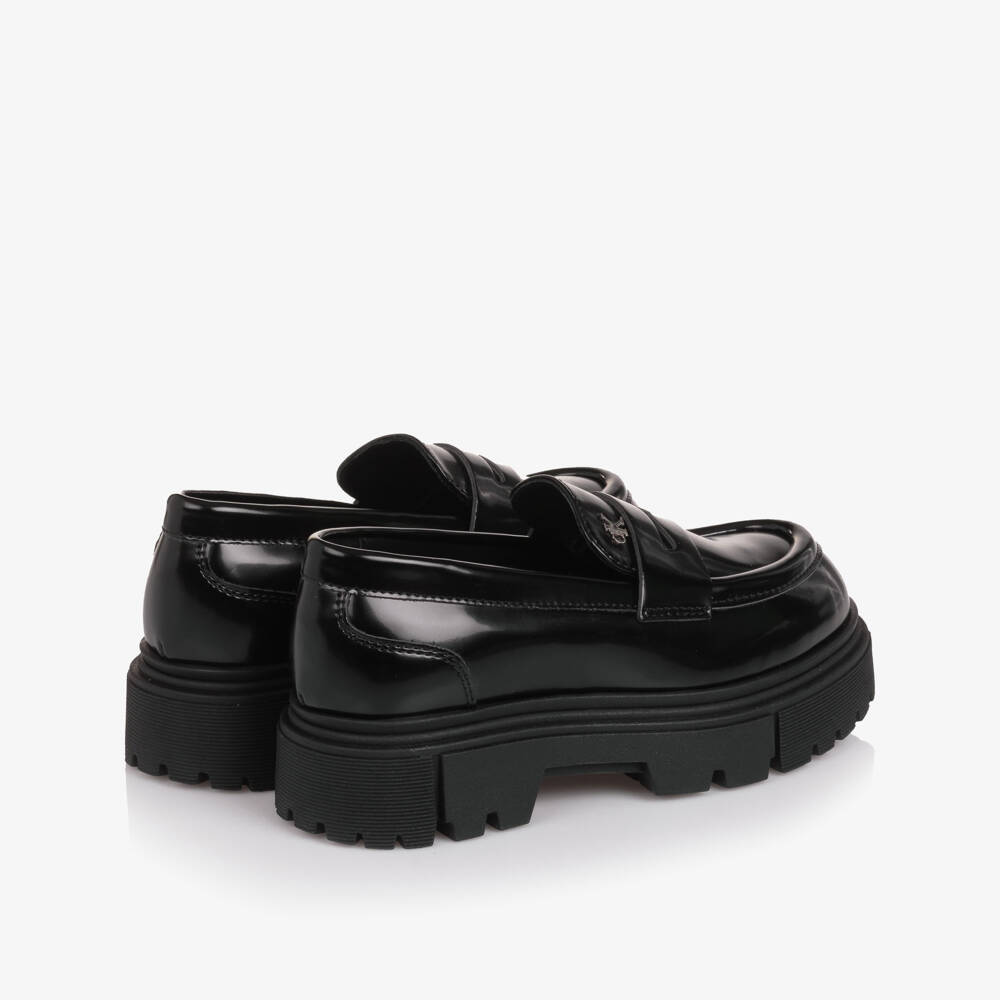 Calvin Klein-Girls Black Faux Leather Loafers with Chunky Sole | Childrensalon Outlet