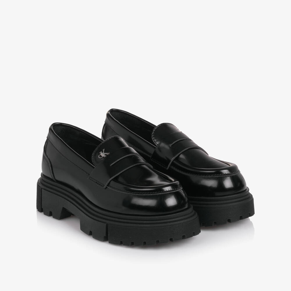 Calvin Klein-Girls Black Faux Leather Loafers with Chunky Sole | Childrensalon Outlet