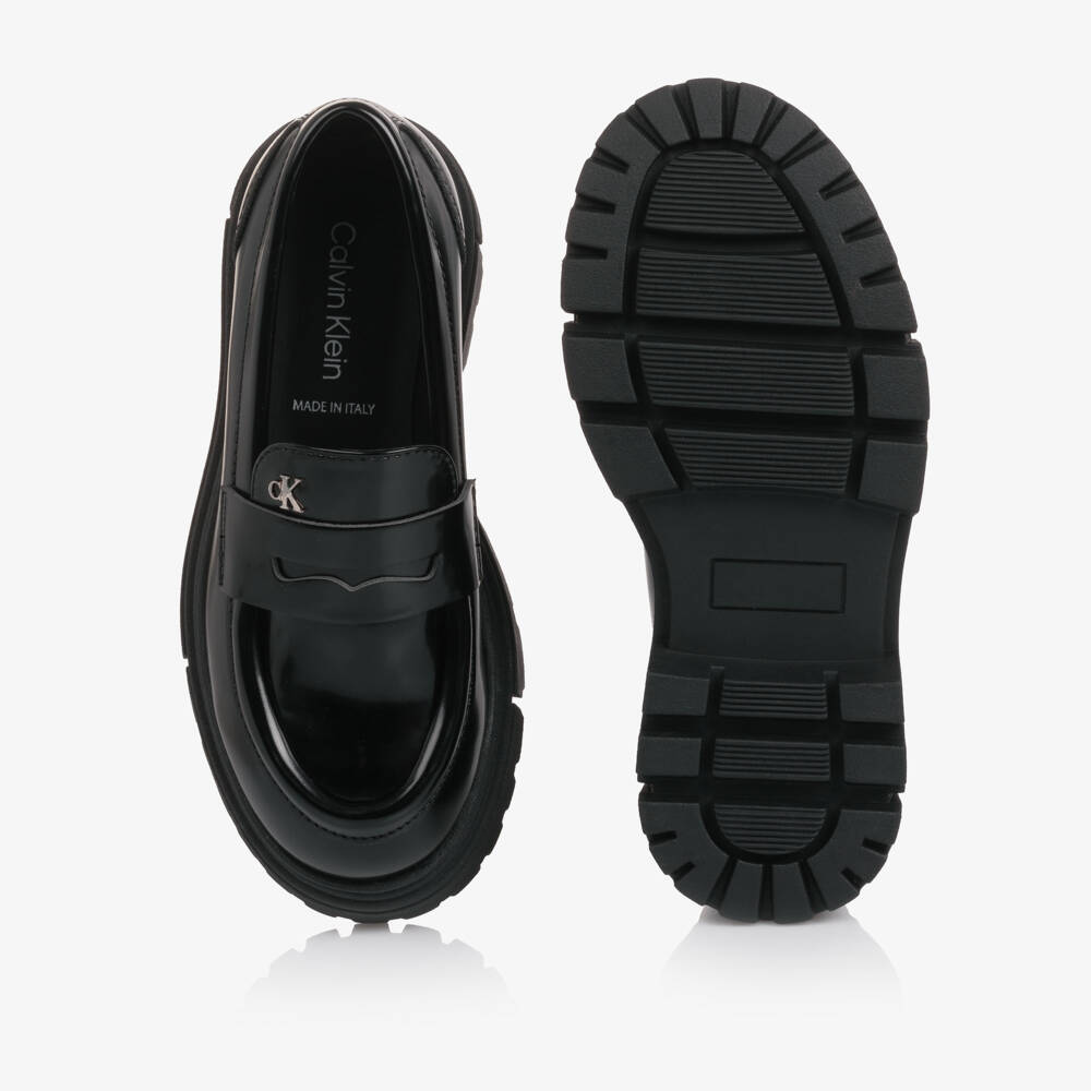 Calvin Klein-Girls Black Faux Leather Loafers with Chunky Sole | Childrensalon Outlet