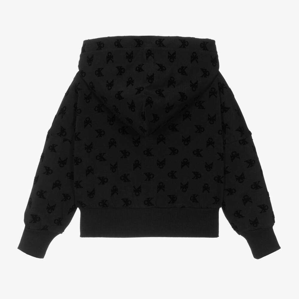Calvin Klein-Girls Black Flocked Zip Hoodie | Childrensalon Outlet