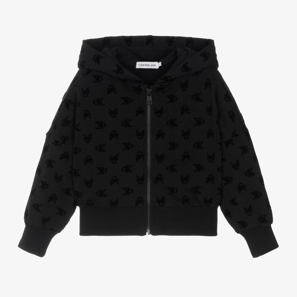 Calvin Klein-Girls Black Flocked Zip Hoodie | Childrensalon Outlet