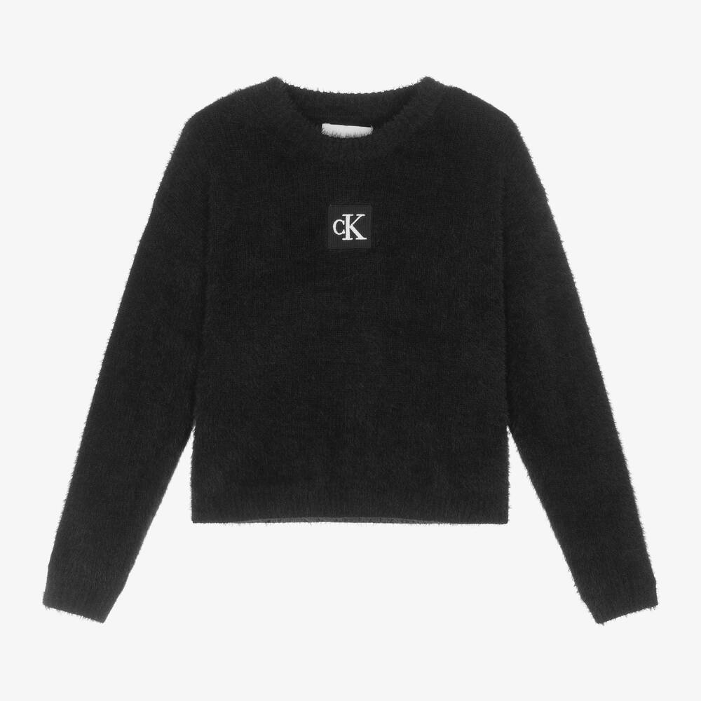 Calvin Klein - Girls Black Fluffy Knit Monogram Sweater  | Childrensalon