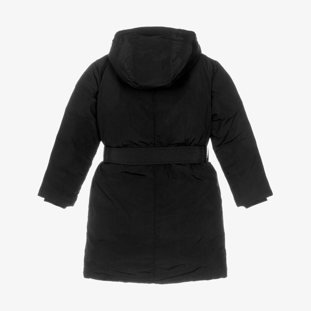 Calvin Klein-Girls Black Hooded Coat with Embroidered Logo Belt | Childrensalon Outlet