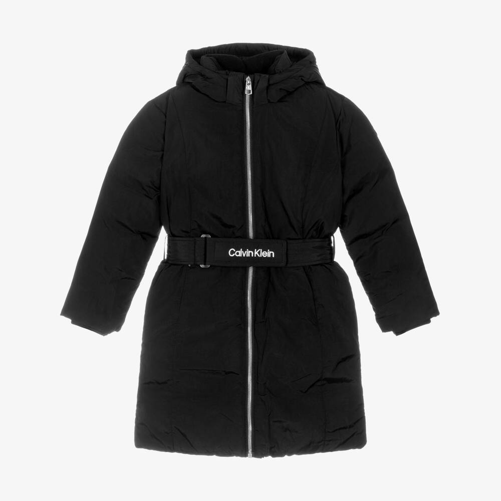 Calvin Klein-Girls Black Hooded Coat with Embroidered Logo Belt | Childrensalon Outlet