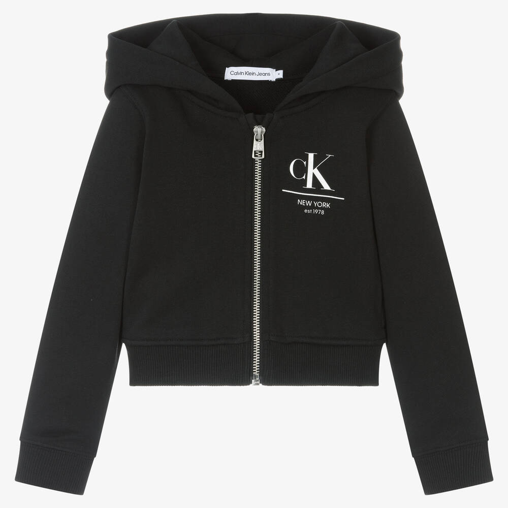 Calvin Klein Jeans - Girls Black Hooded Zip-up Top | Childrensalon