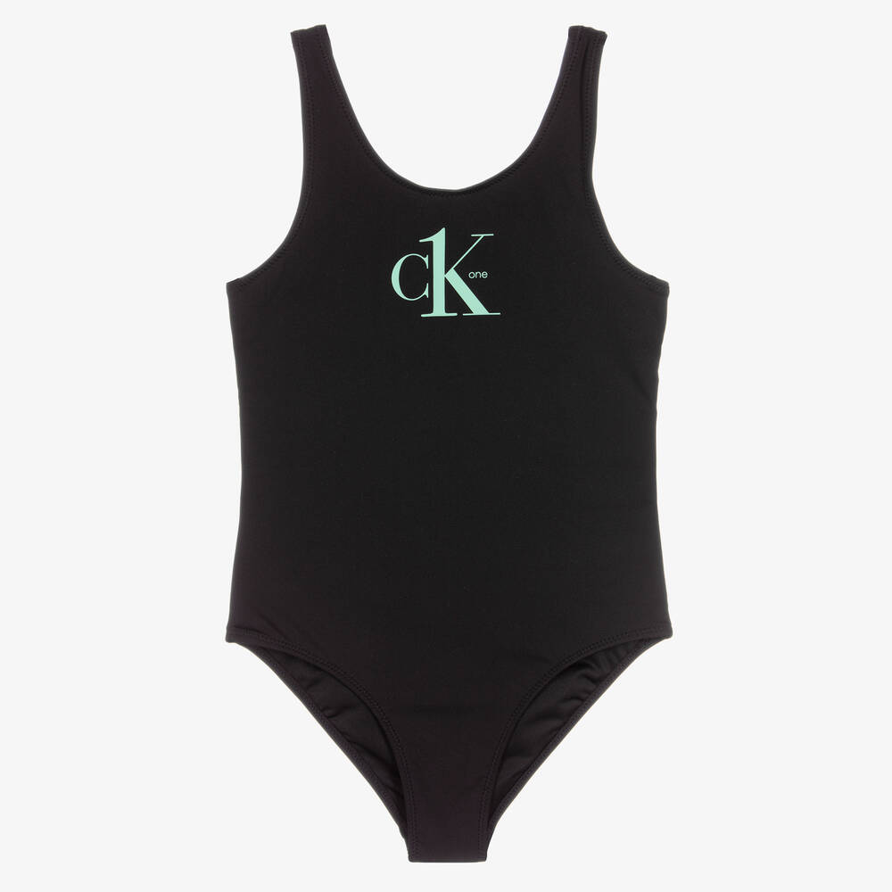 Calvin Klein - Girls Black Logo Swimsuit | Childrensalon