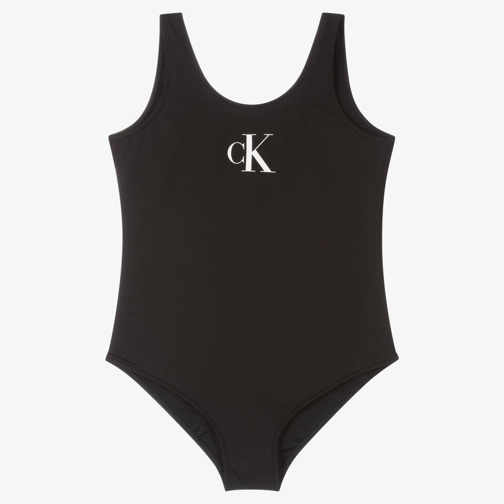 Calvin Klein - Girls Black Logo Swimsuit | Childrensalon