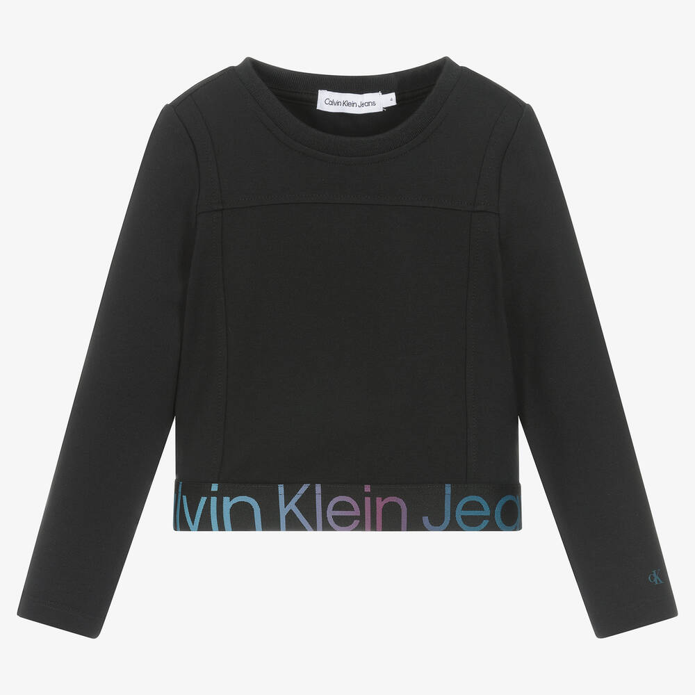 Calvin Klein - توب قصير ميلانو جيرسي لون أسود للبنات | Childrensalon