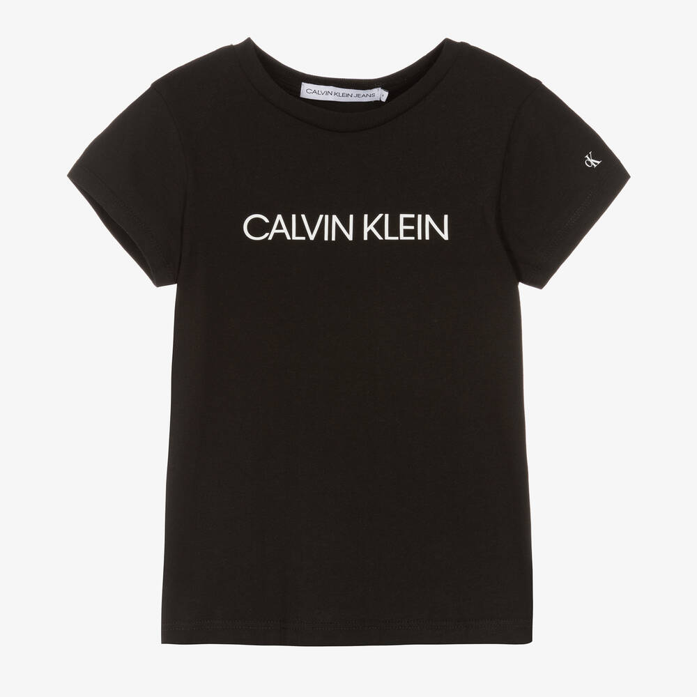 Calvin Klein Jeans-Girls Black Organic Cotton Logo T-Shirt | Childrensalon Outlet