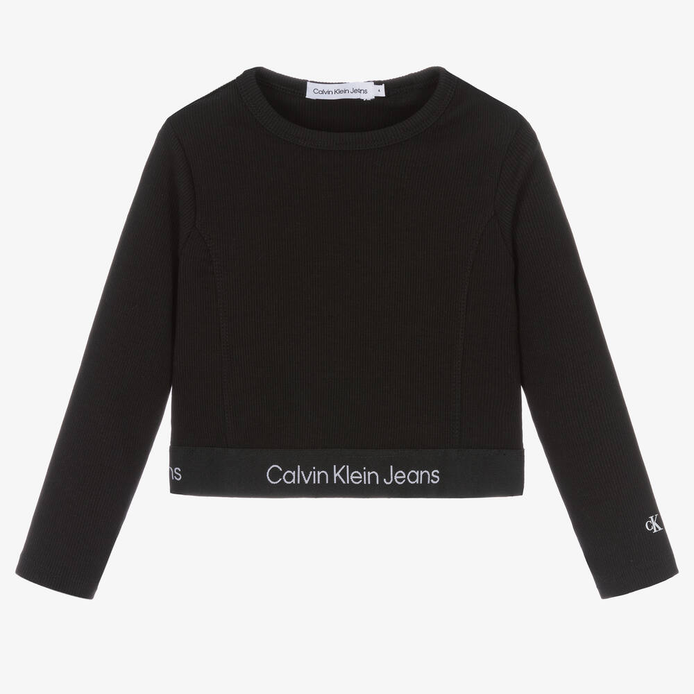 Calvin Klein - توب قطن جيرسي مضلع لون أسود للبنات | Childrensalon