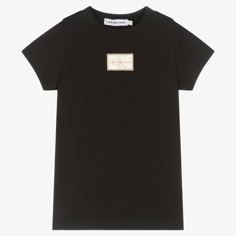Calvin Klein Jeans - Girls Black Ribbed Logo T-Shirt | Childrensalon