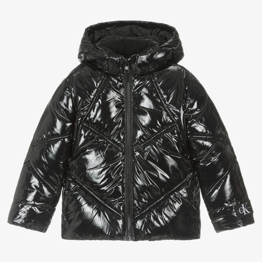 Calvin Klein - Girls Black Shiny Hooded Puffer Jacket | Childrensalon